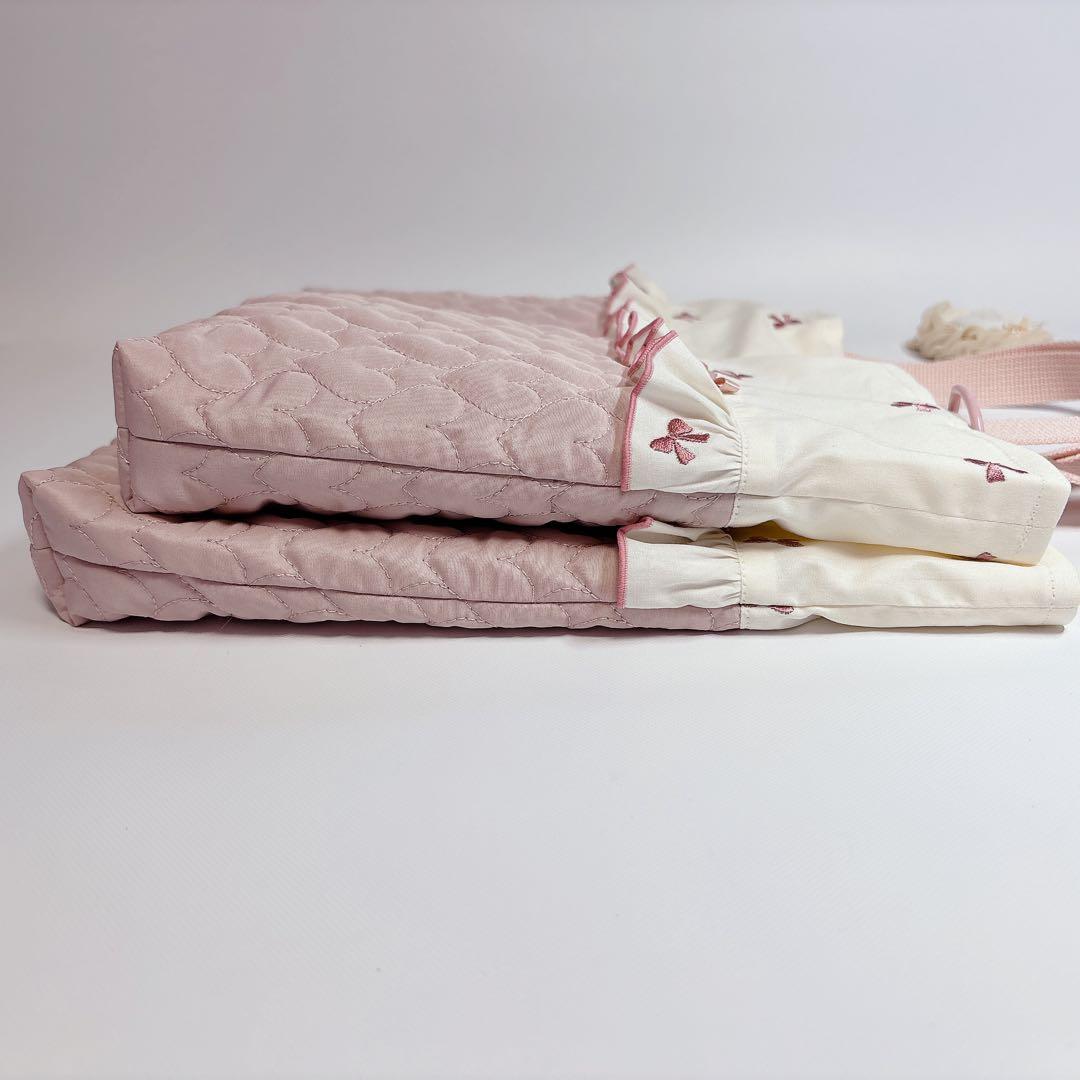 ハート　キルト　レッスンバッグ　上履き袋　りぼん　刺繍生地　ヌビ　キルティング