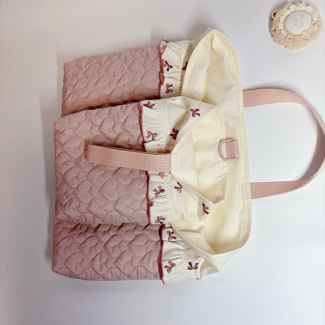 ハート　キルト　レッスンバッグ　上履き袋　りぼん　刺繍生地　ヌビ　キルティング