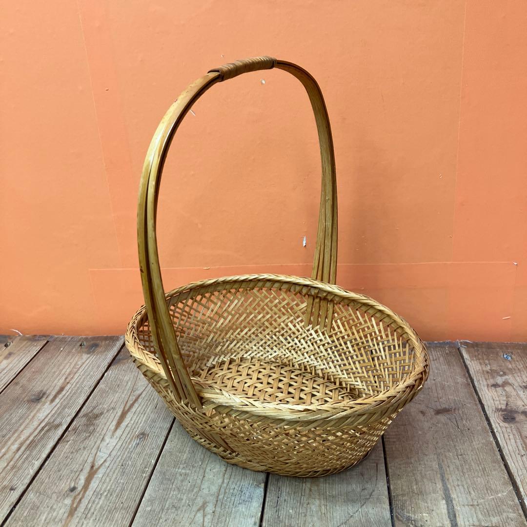 A-3 竹細工 竹かご 持ち手付きバスケット 花籠 花器 インテリア 和風昭和