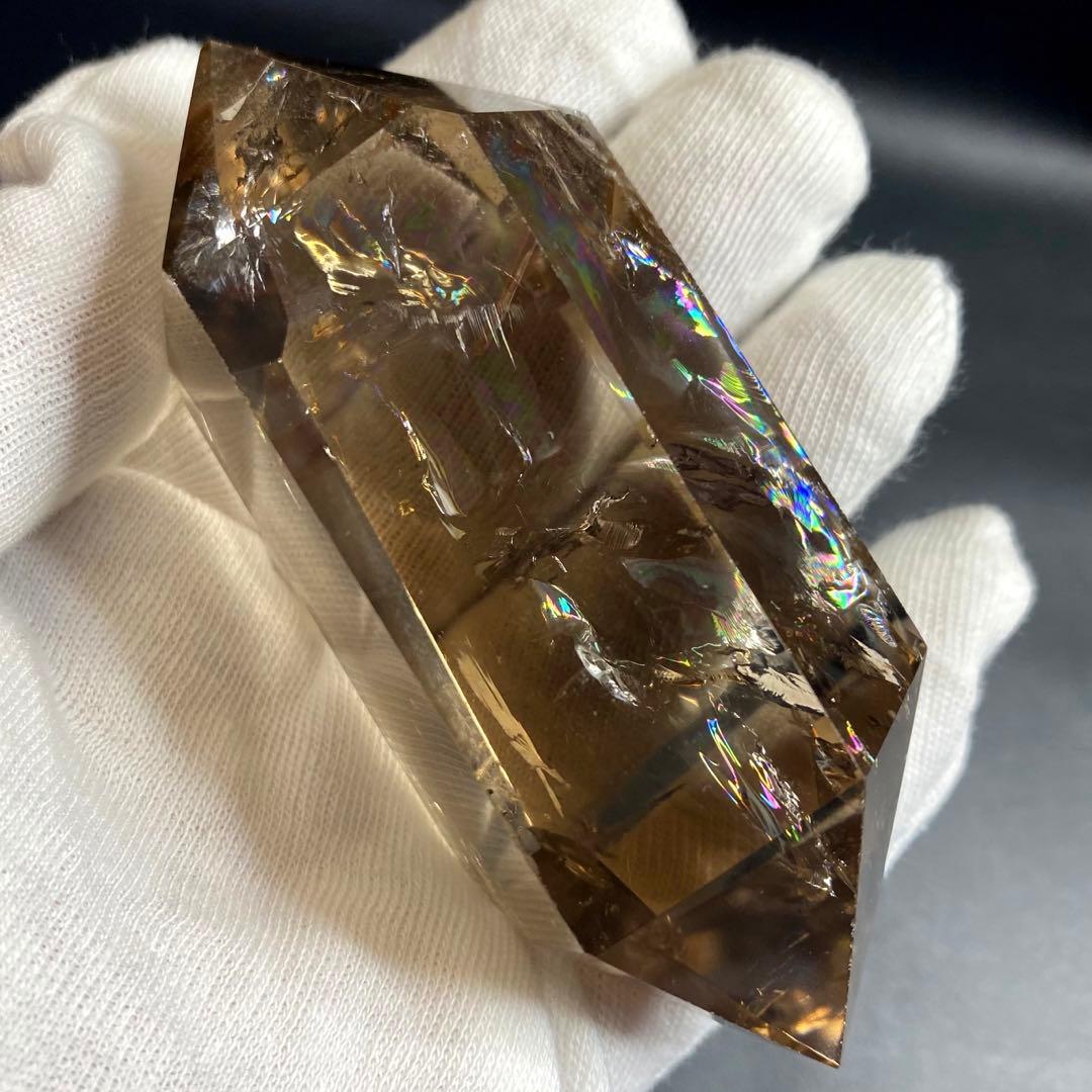 絶品❗️超強いパワー❗️レインボー☆ダブルポイント魔除スモーキークォーツ水晶A695