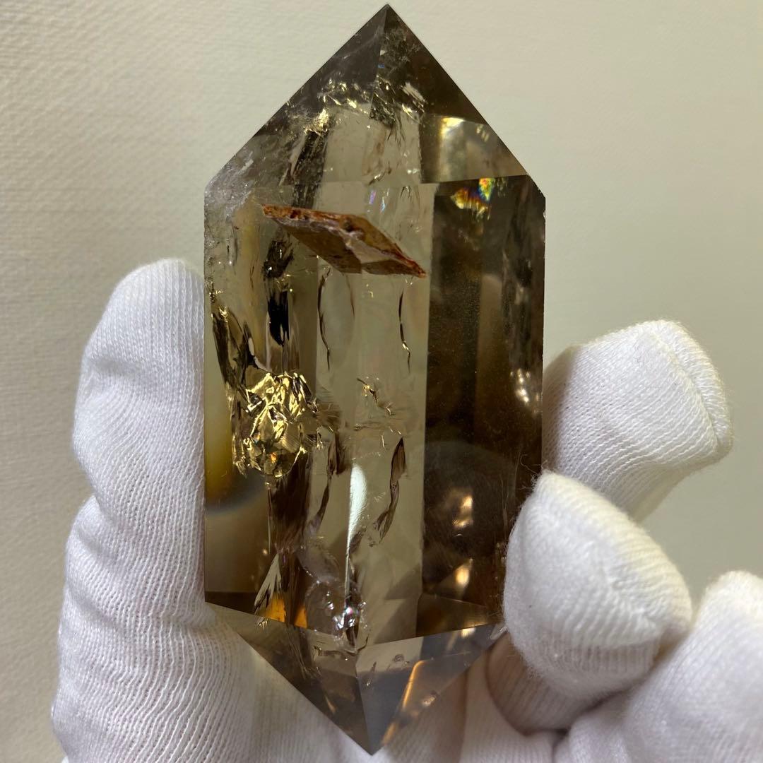 絶品❗️超強いパワー❗️レインボー☆ダブルポイント魔除スモーキークォーツ水晶A695