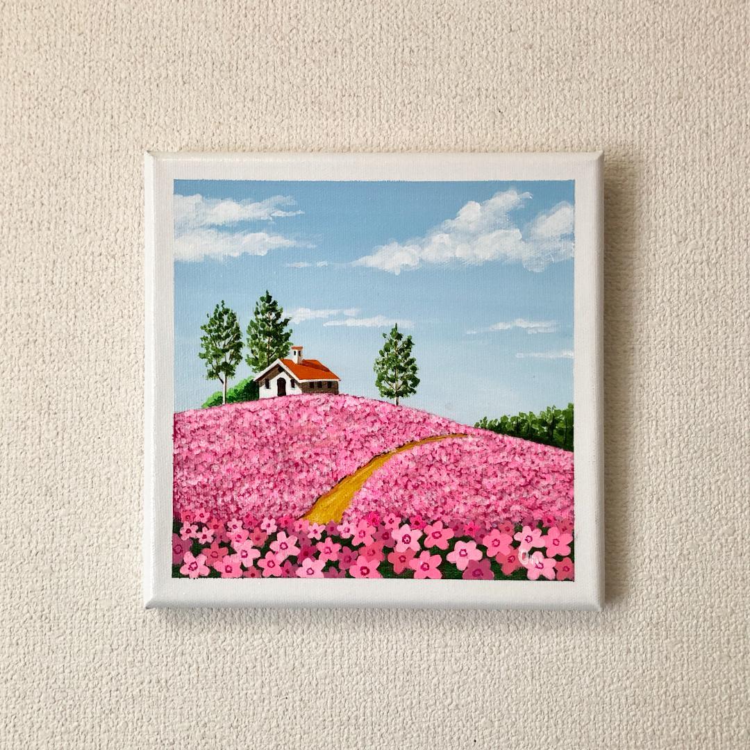 アクリル画　原画　「芝桜の咲く丘」　SSMサイズ　キャンバス