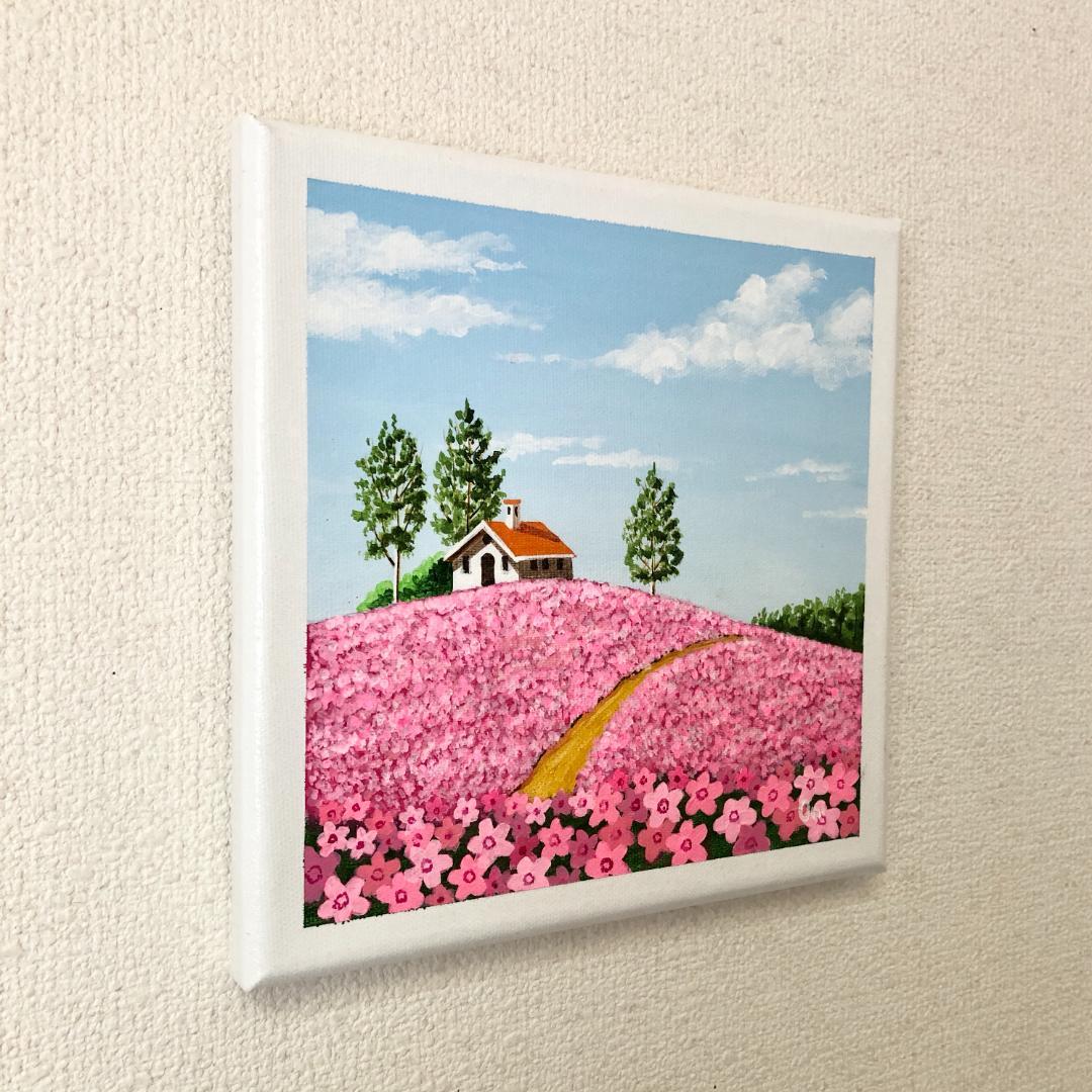 アクリル画　原画　「芝桜の咲く丘」　SSMサイズ　キャンバス