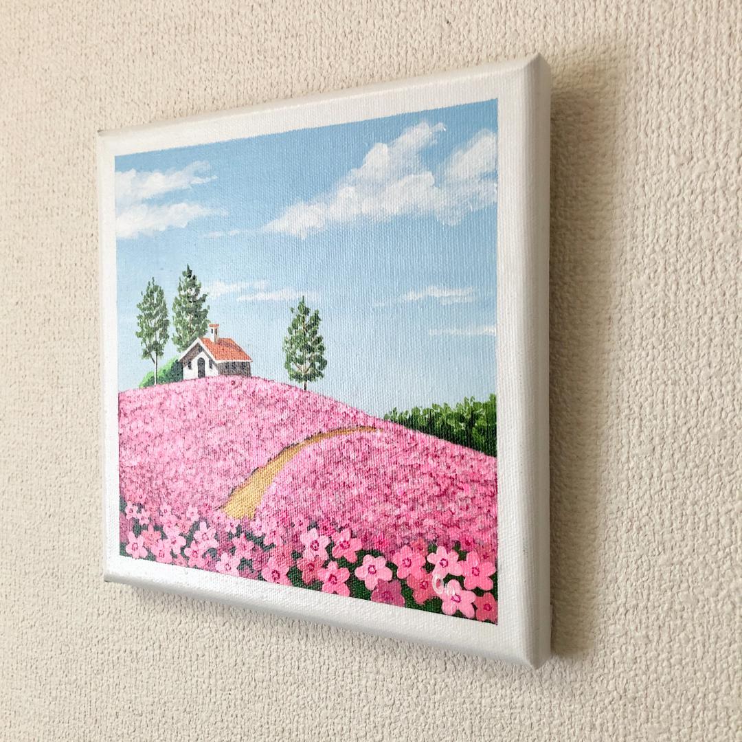 アクリル画　原画　「芝桜の咲く丘」　SSMサイズ　キャンバス