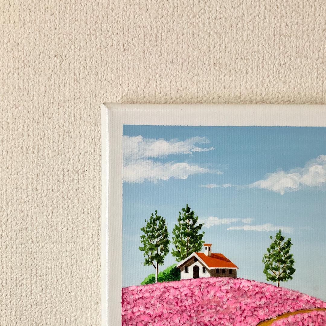 アクリル画　原画　「芝桜の咲く丘」　SSMサイズ　キャンバス