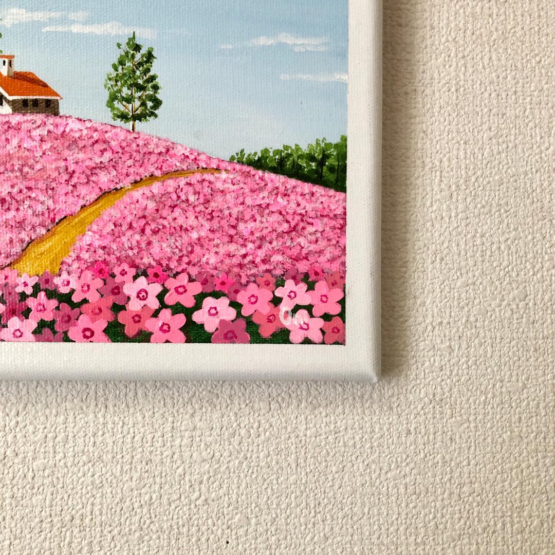アクリル画　原画　「芝桜の咲く丘」　SSMサイズ　キャンバス
