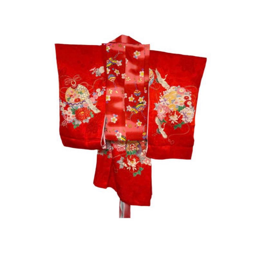 美品　七五三　３歳　赤色 花柄　鶴　着物　被布　長襦袢　3点セット　絹　即日