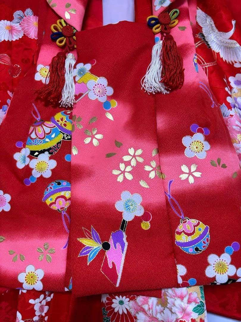 美品　七五三　３歳　赤色 花柄　鶴　着物　被布　長襦袢　3点セット　絹　即日