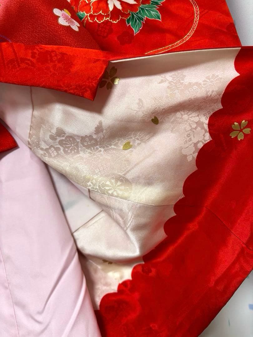 美品　七五三　３歳　赤色 花柄　鶴　着物　被布　長襦袢　3点セット　絹　即日