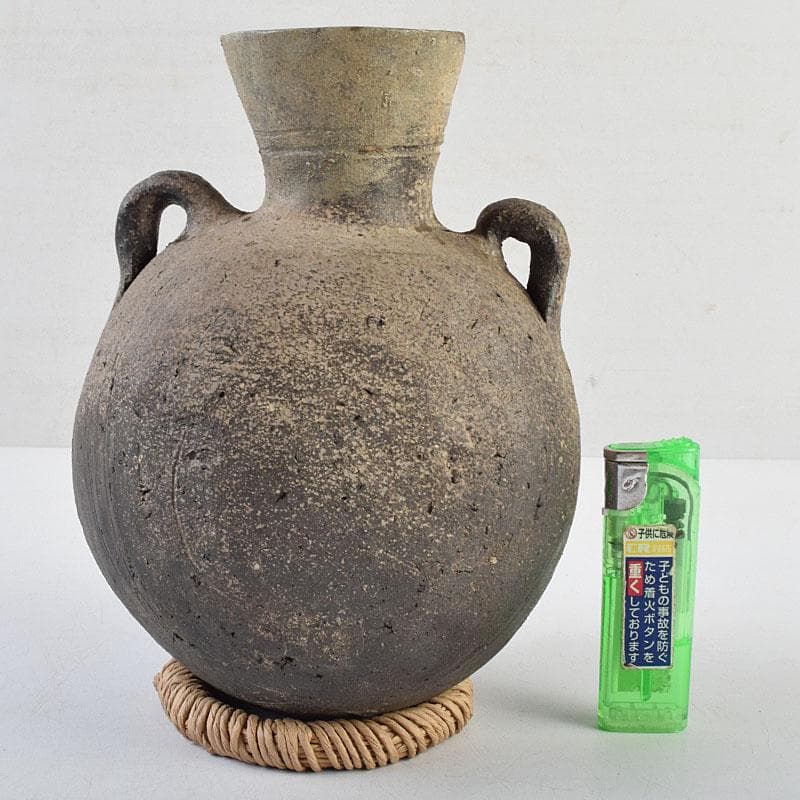 朝鮮美術　須恵器　新羅土器　新羅無細土　双耳壷　丸輪台・時代箱付　M　R9557