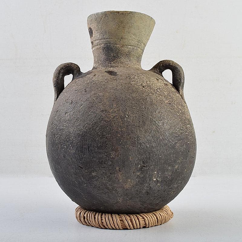 朝鮮美術　須恵器　新羅土器　新羅無細土　双耳壷　丸輪台・時代箱付　M　R9557