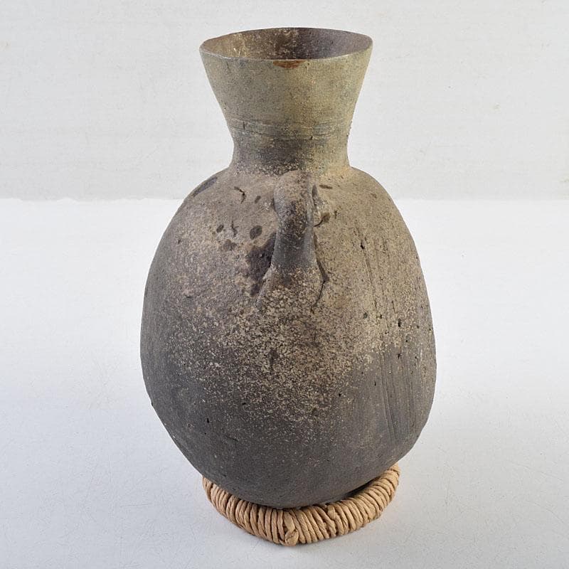 朝鮮美術　須恵器　新羅土器　新羅無細土　双耳壷　丸輪台・時代箱付　M　R9557