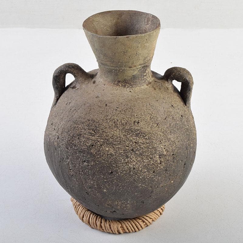 朝鮮美術　須恵器　新羅土器　新羅無細土　双耳壷　丸輪台・時代箱付　M　R9557