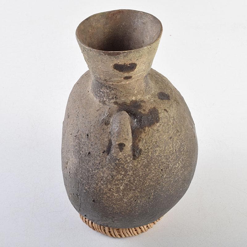 朝鮮美術　須恵器　新羅土器　新羅無細土　双耳壷　丸輪台・時代箱付　M　R9557