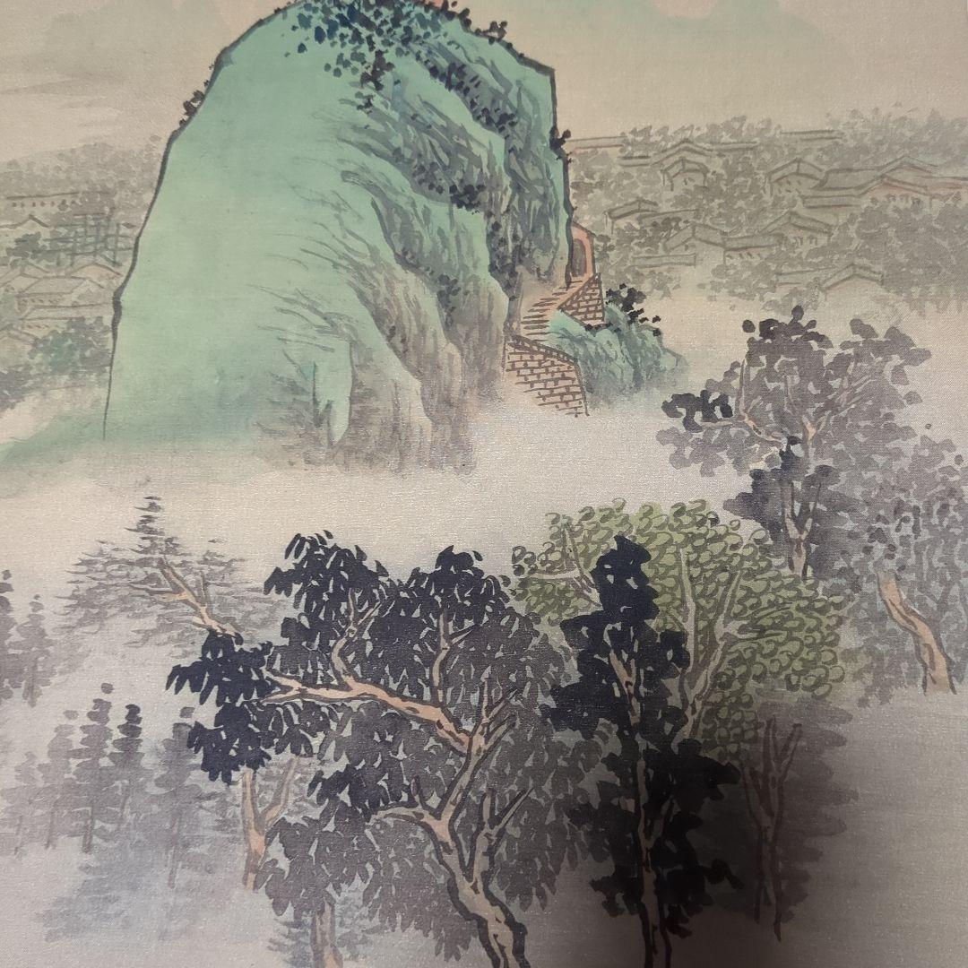世界遺産、中国桂林の絹本風景画 実画四枚、ケース入り