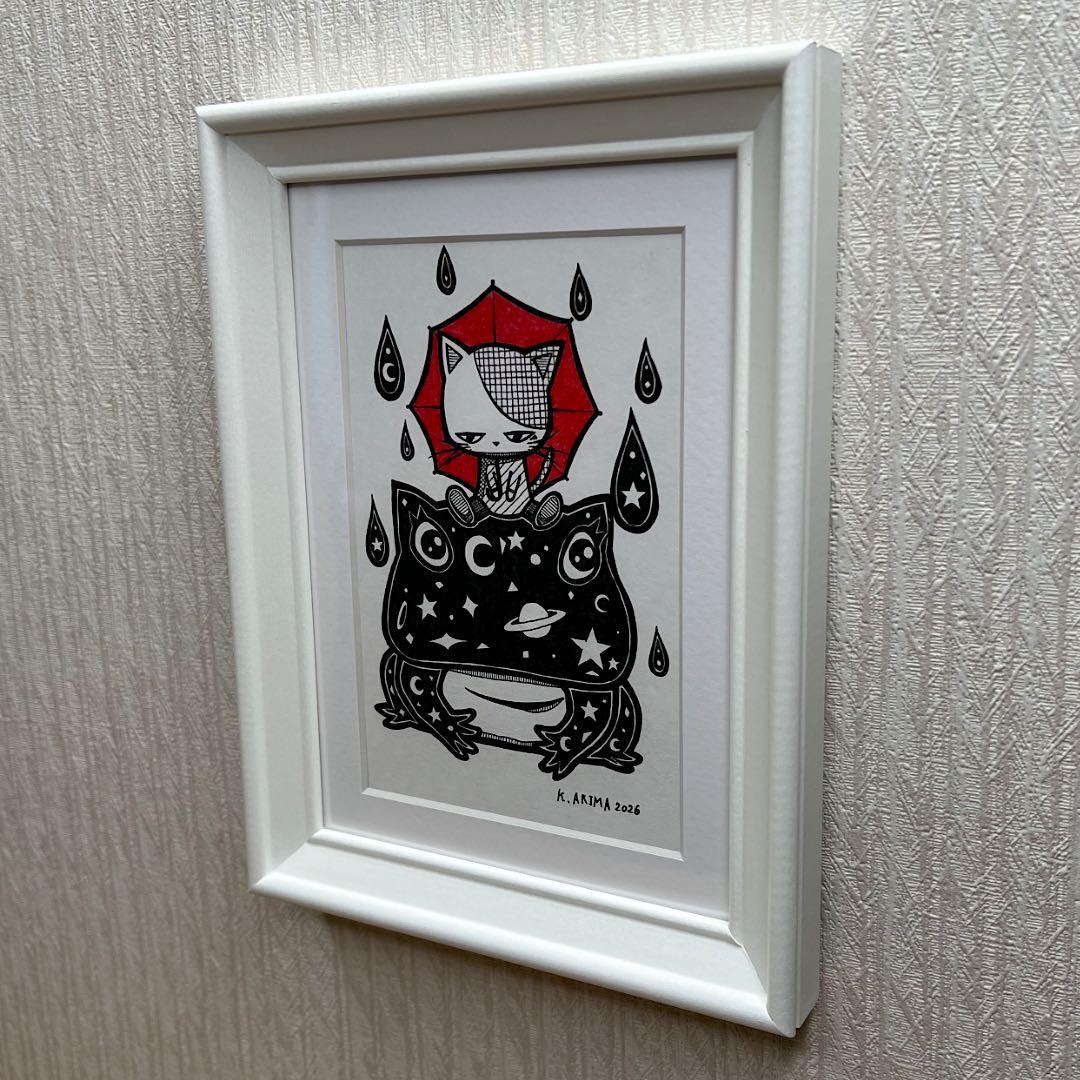 動物 原画 絵 手描き 癒し 猫 カエル 一点物 額縁付き 『赤い奇跡』