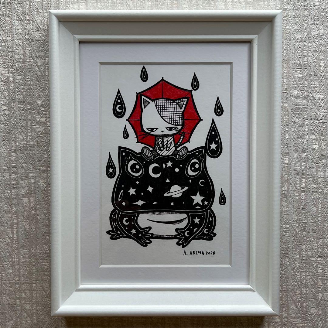 動物 原画 絵 手描き 癒し 猫 カエル 一点物 額縁付き 『赤い奇跡』