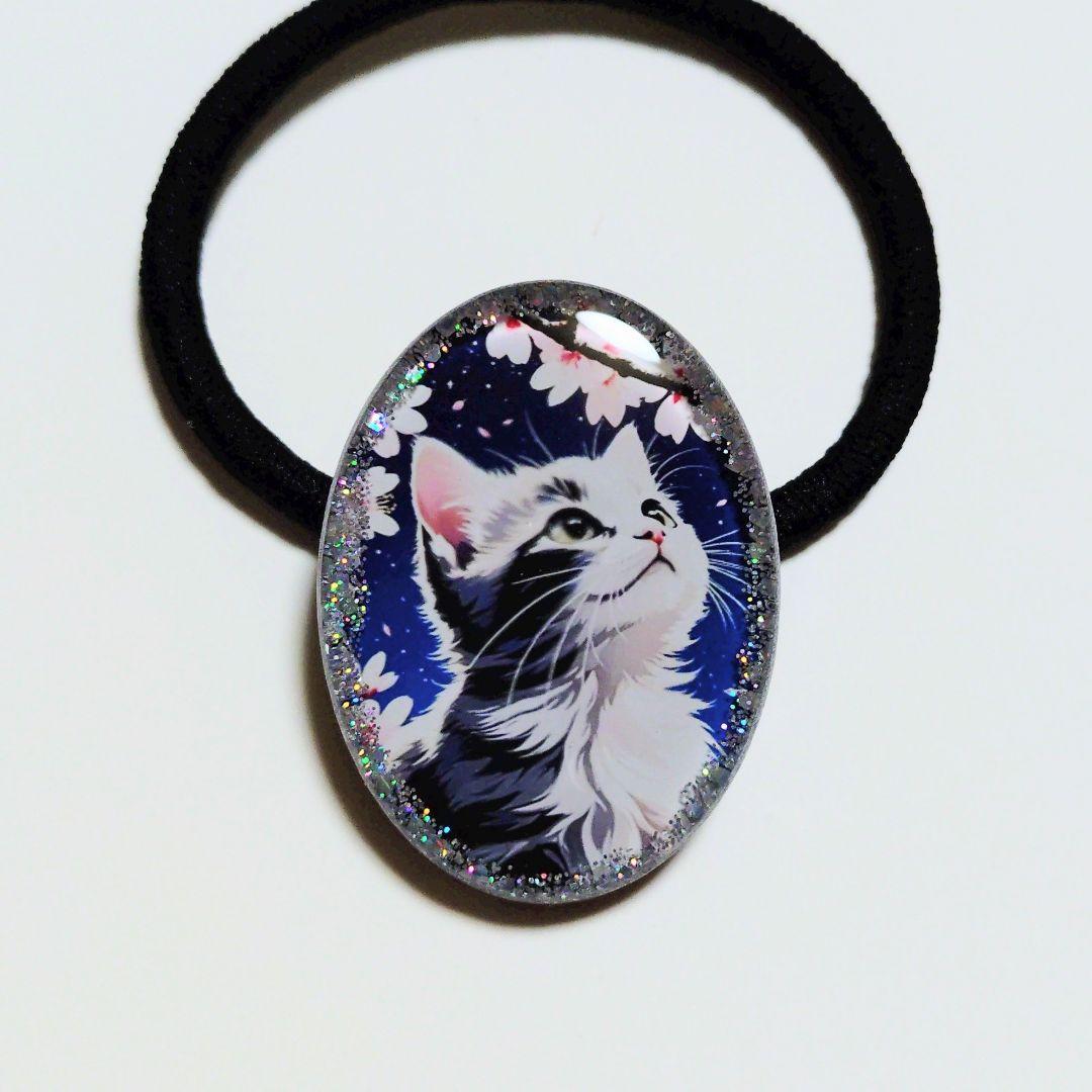 No.419　レジン ヘアゴム キーホルダー ピンバッジ 猫ねこさくら