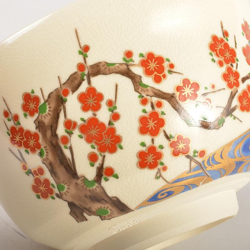 京焼　宮地英香作　仁清写　色絵梅文茶碗　銘早春　大橋香林書付　共箱　C　6581