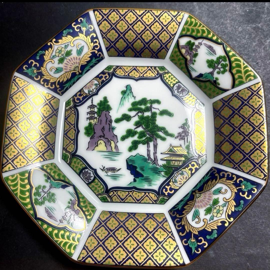 有田焼　青藍窯　金彩　古伊万里紋　八角皿５客セット