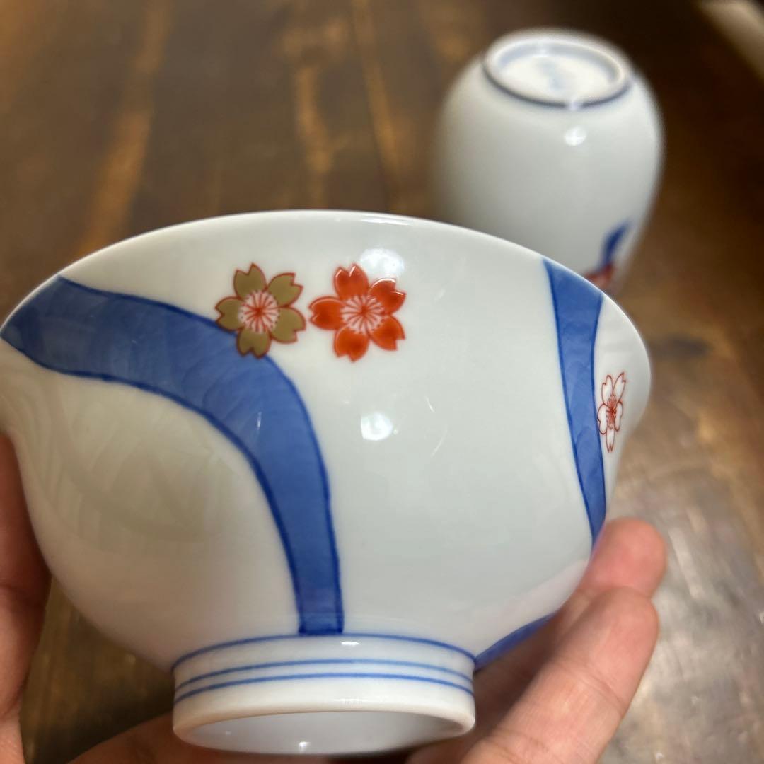 深川製磁　百年庵　川に桜　湯呑み　飯碗