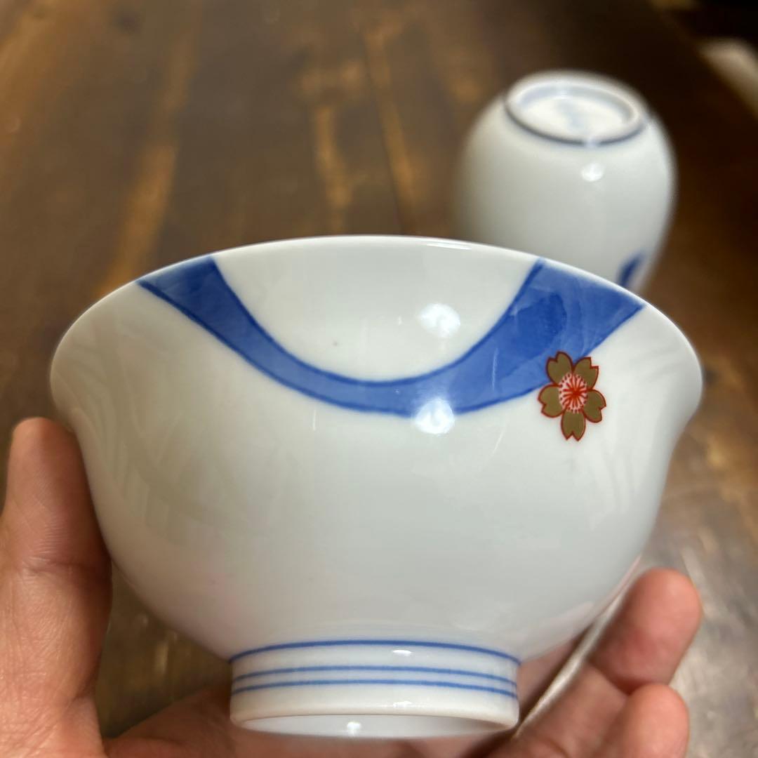 深川製磁　百年庵　川に桜　湯呑み　飯碗