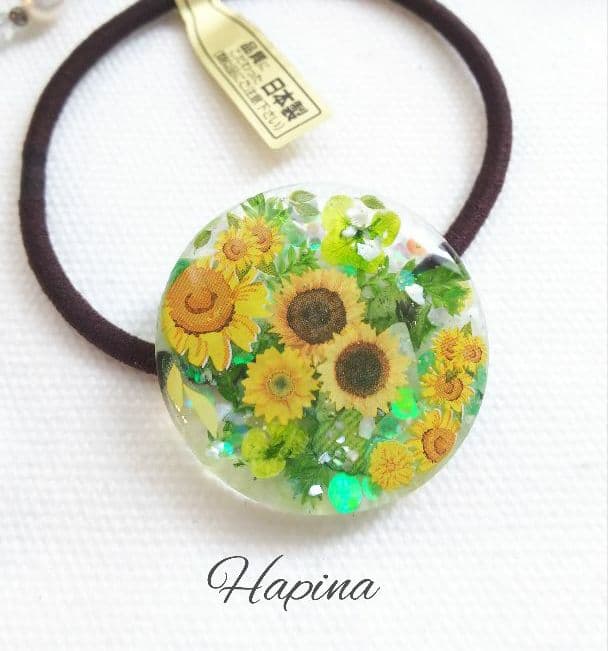 ひまわり畑②ラウンドレジンヘアゴム ポニーフック変更可能。