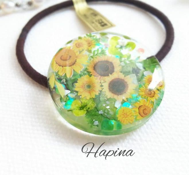 ひまわり畑②ラウンドレジンヘアゴム ポニーフック変更可能。