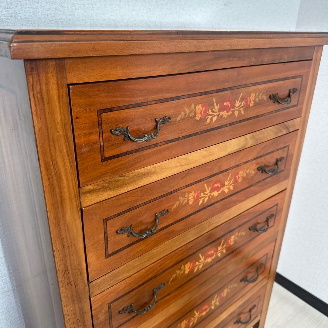 イタリア製 チェスト 6段6杯 象嵌 真鍮細工 金属取手 猫脚 i4※