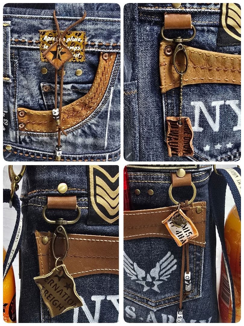 デニムリメイクトートバッグ 大きめ 上部ファスナー ＆サコッシュ 本革使用