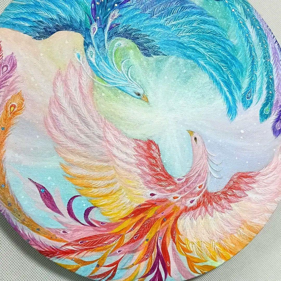 No.564 鳳凰　アクリル画　原画　開運絵画　　 丸形キャンバス　肉筆画