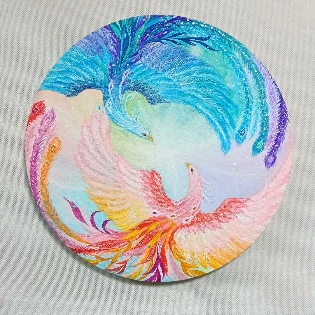 No.564 鳳凰　アクリル画　原画　開運絵画　　 丸形キャンバス　肉筆画