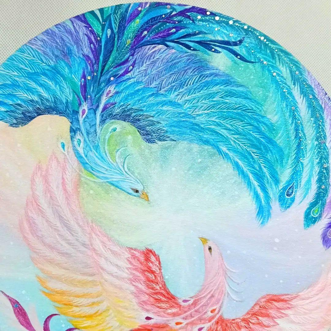No.564 鳳凰　アクリル画　原画　開運絵画　　 丸形キャンバス　肉筆画