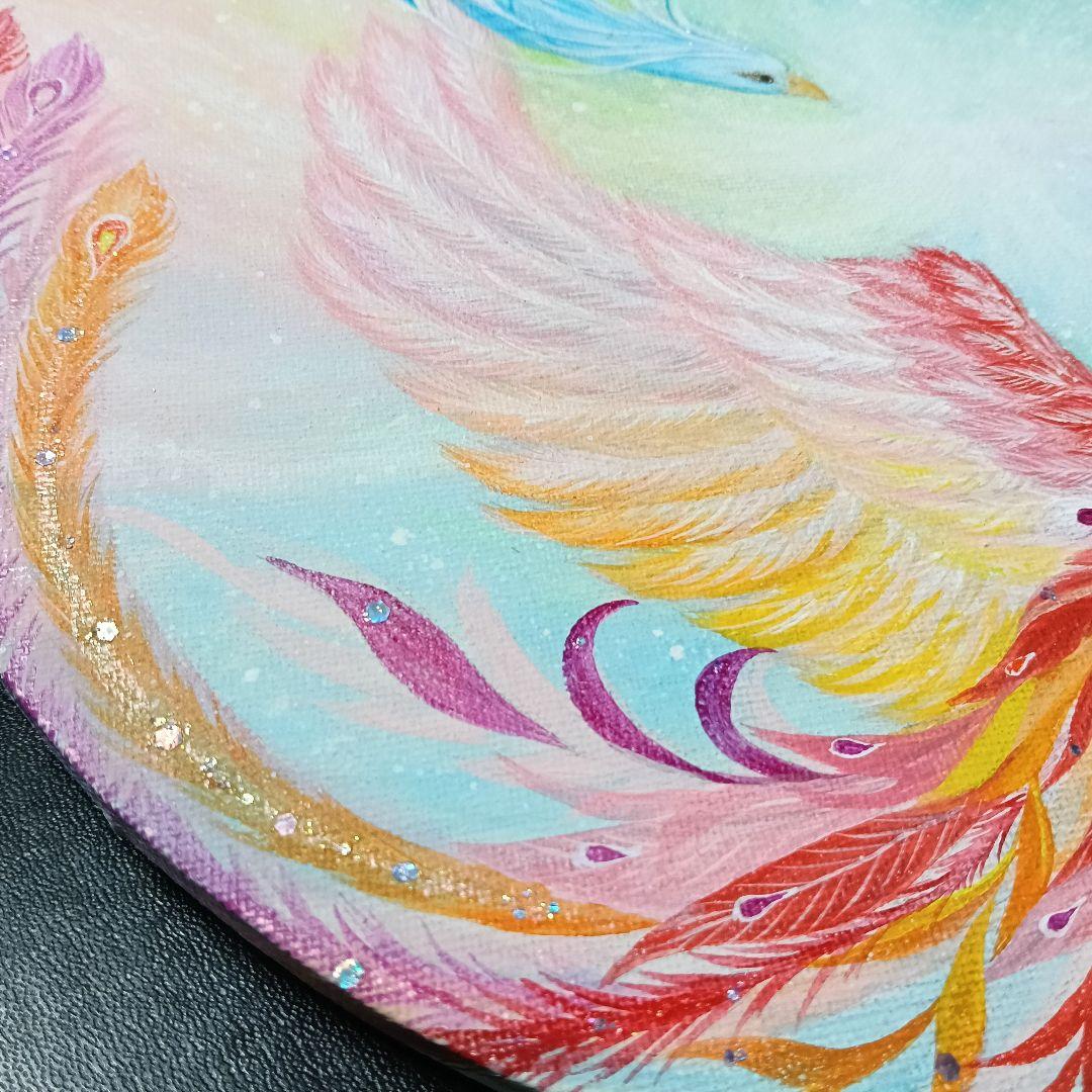 No.564 鳳凰　アクリル画　原画　開運絵画　　 丸形キャンバス　肉筆画