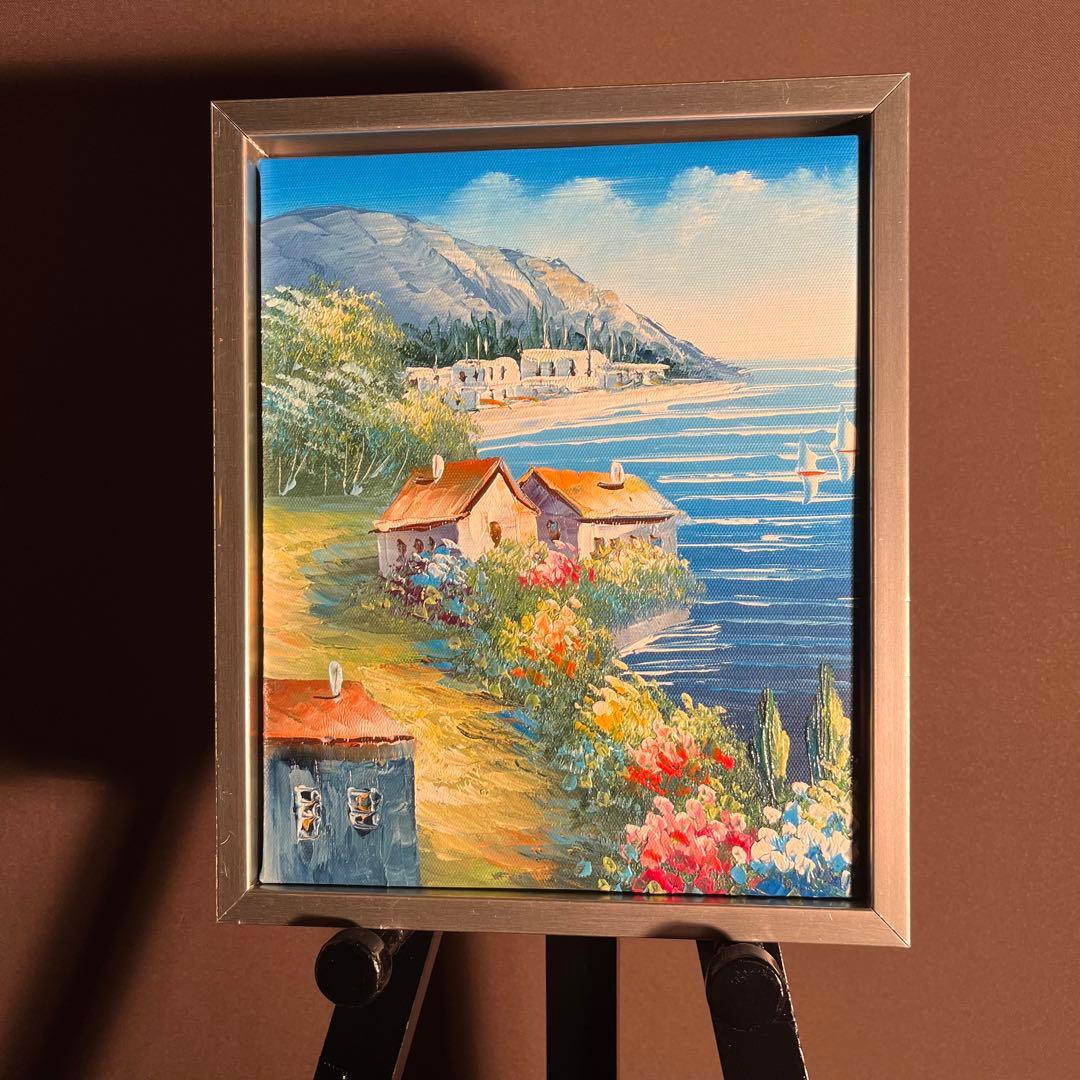 手描き油絵 地中海の風景 額付 肉筆絵画 インテリア 油彩画