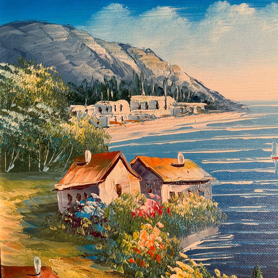 手描き油絵 地中海の風景 額付 肉筆絵画 インテリア 油彩画