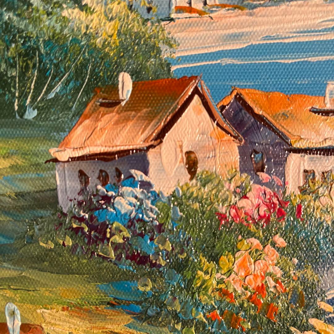 手描き油絵 地中海の風景 額付 肉筆絵画 インテリア 油彩画