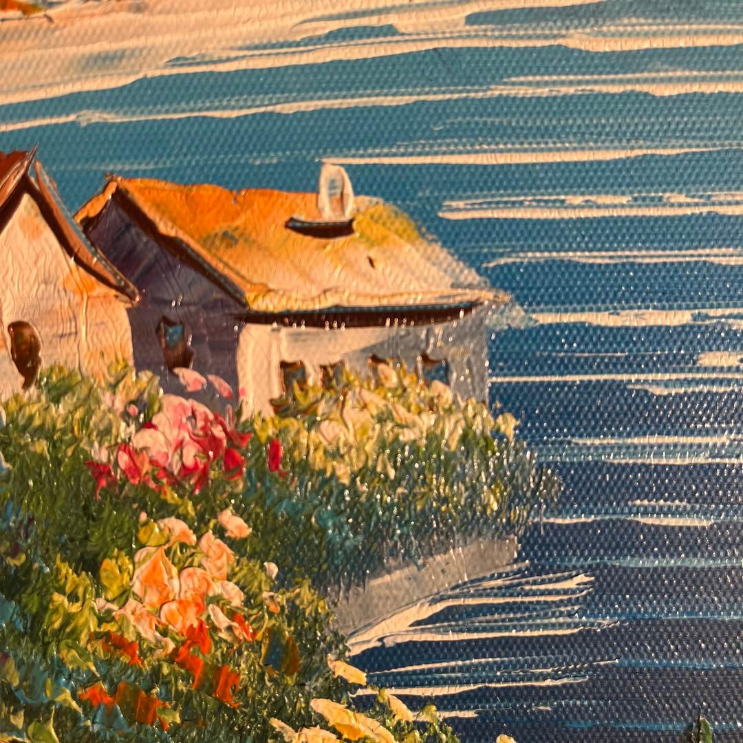 手描き油絵 地中海の風景 額付 肉筆絵画 インテリア 油彩画