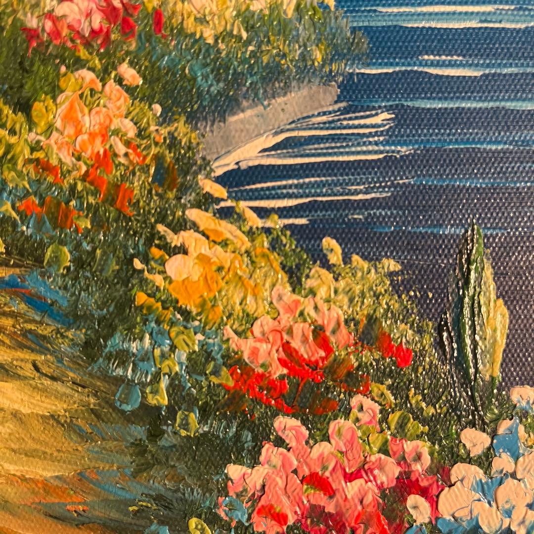 手描き油絵 地中海の風景 額付 肉筆絵画 インテリア 油彩画