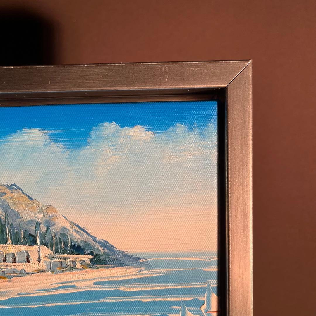 手描き油絵 地中海の風景 額付 肉筆絵画 インテリア 油彩画