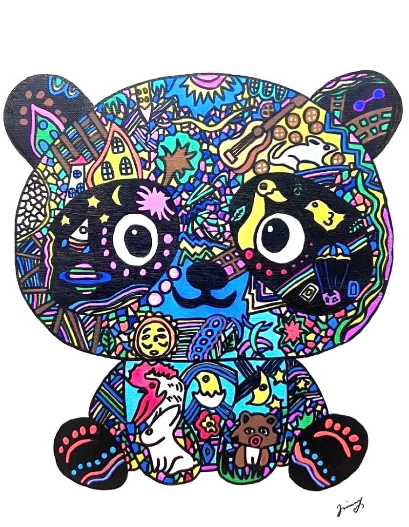 【F6号】ジミー大西（パンダ）手描き/表裏サイン有/油彩/アクリル/額縁/絵画