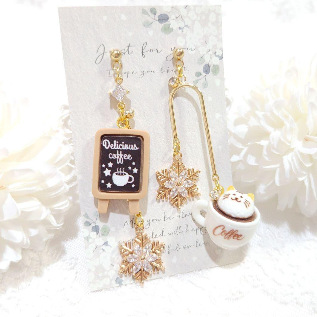 再販♡ジルコニア雪の結晶と猫ホイップクリーム冬のカフェコーヒーシャンデリアピアス