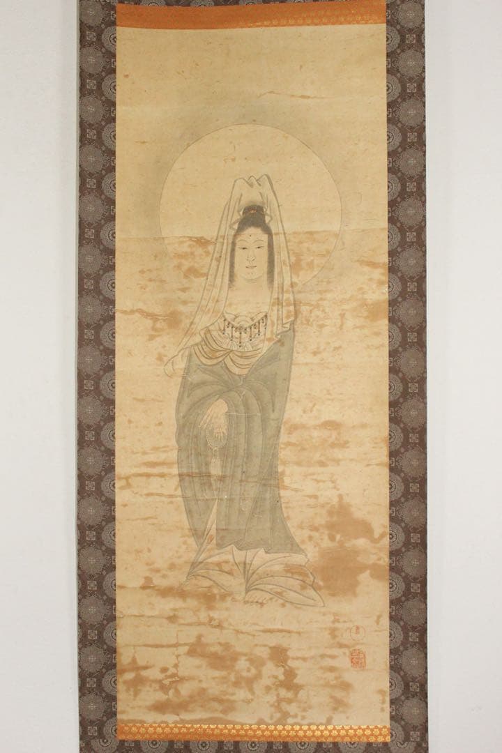 No5455 掛軸　在印　雲仙　観音菩薩像　紙本淡彩　仏教美術　仏画　送料無料