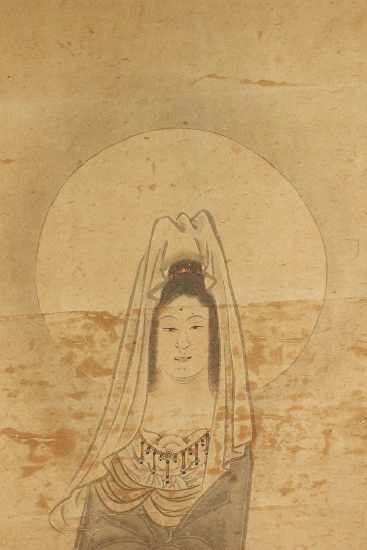 No5455 掛軸　在印　雲仙　観音菩薩像　紙本淡彩　仏教美術　仏画　送料無料