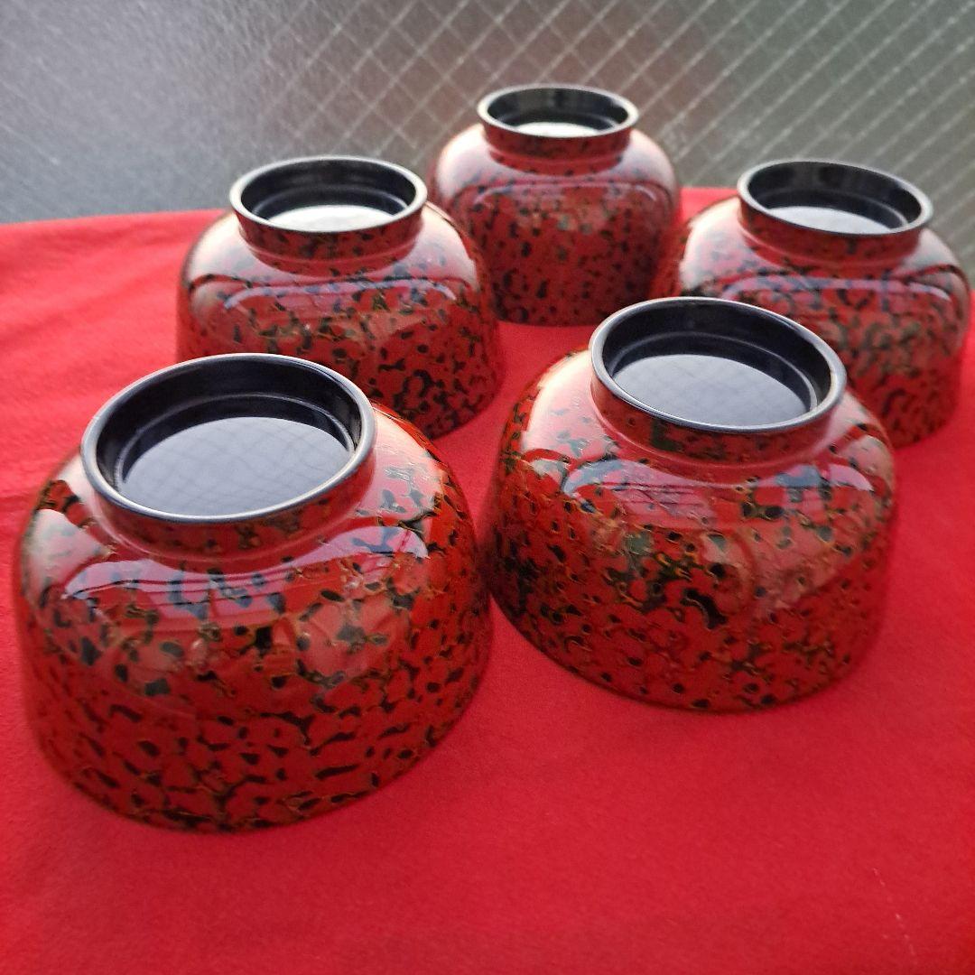 【津軽塗　唐塗　羽反型　汁椀×5客】天然木製　赤上　長期保管品