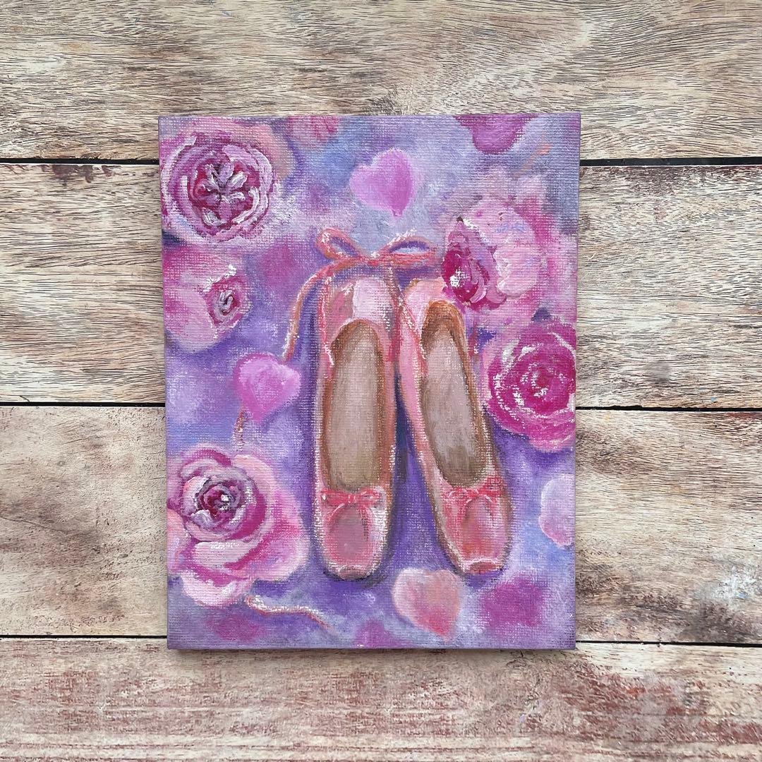 アクリル画　オイルパステル画 薔薇とトウシューズ　キャンバスアート　ご予約品