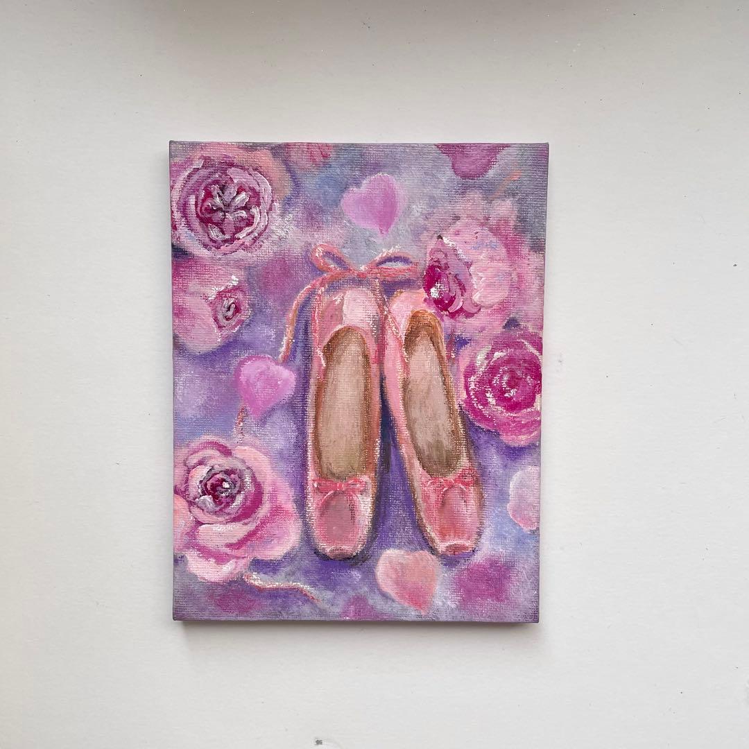 アクリル画　オイルパステル画 薔薇とトウシューズ　キャンバスアート　ご予約品