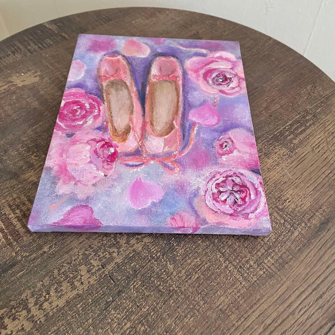 アクリル画　オイルパステル画 薔薇とトウシューズ　キャンバスアート　ご予約品