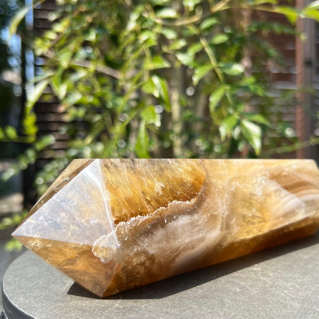 ✨美しい色合いと模様✨イエロー フローライト ダブルポイント 天然石 原石 置物