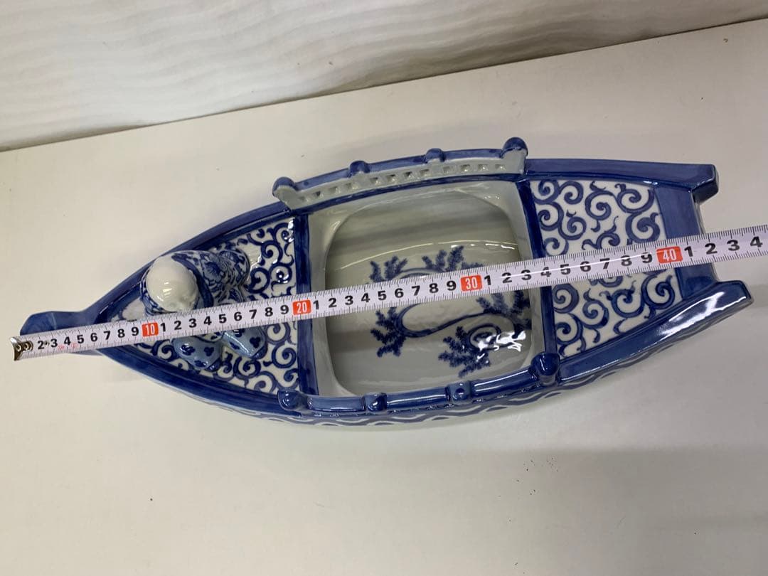 新品 九谷焼 染付 波千鳥 船置物 時代物 床飾り